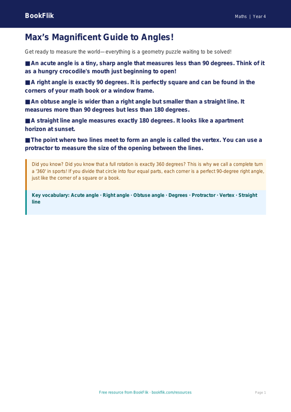 Free Angles Poster | Grade 3 | Math | BookFlik worksheet preview — Maths Angles