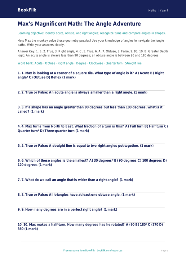 Math angles quiz grade 3 greater depth worksheet preview — Maths Angles