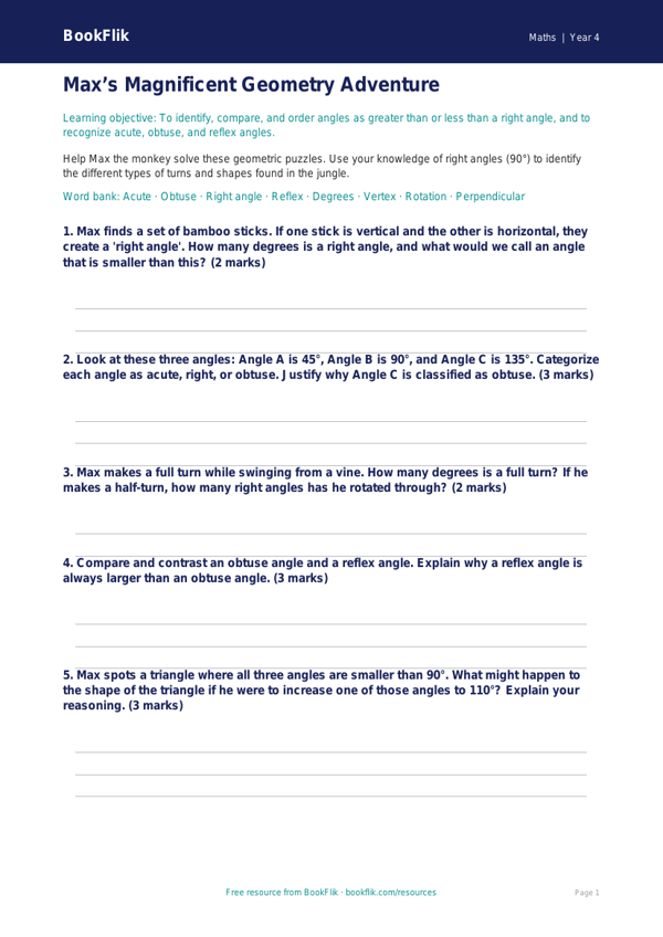Advanced Angles Worksheet | Grade 3 Math | BookFlik worksheet preview — Maths Angles