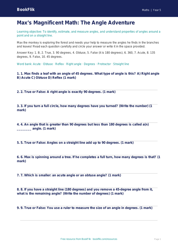 Free Angles Quiz | Grade 4 | Math | BookFlik worksheet preview — Maths Angles
