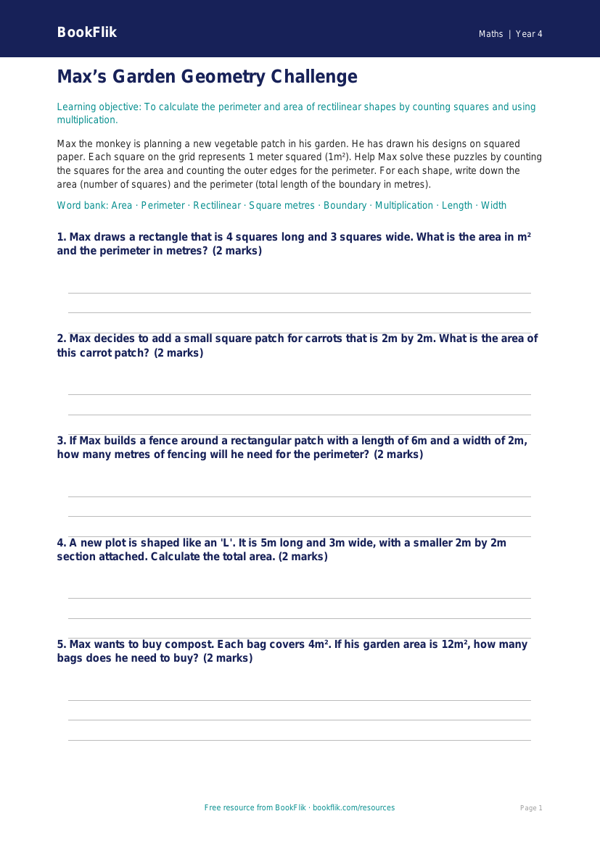 Free Area And Perimeter Activity Sheet | Grade 3 | Math | BookFlik worksheet preview — Maths Area And Perimeter