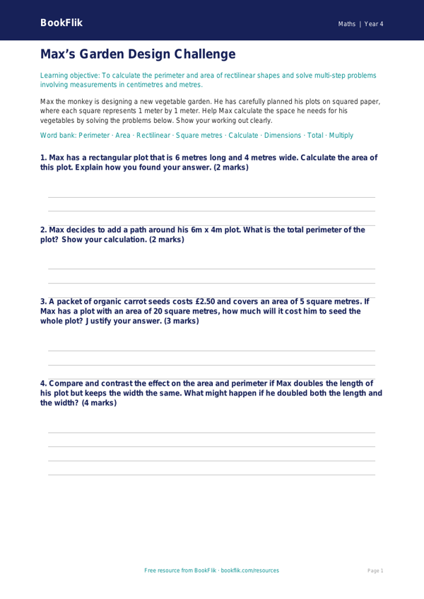 Free Area And Perimeter Activity Sheet | Grade 3 | Math | BookFlik worksheet preview — Maths Area And Perimeter