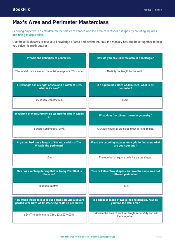 Free Area And Perimeter Flashcards | Grade 3 | Math | BookFlik worksheet preview — Maths Area And Perimeter