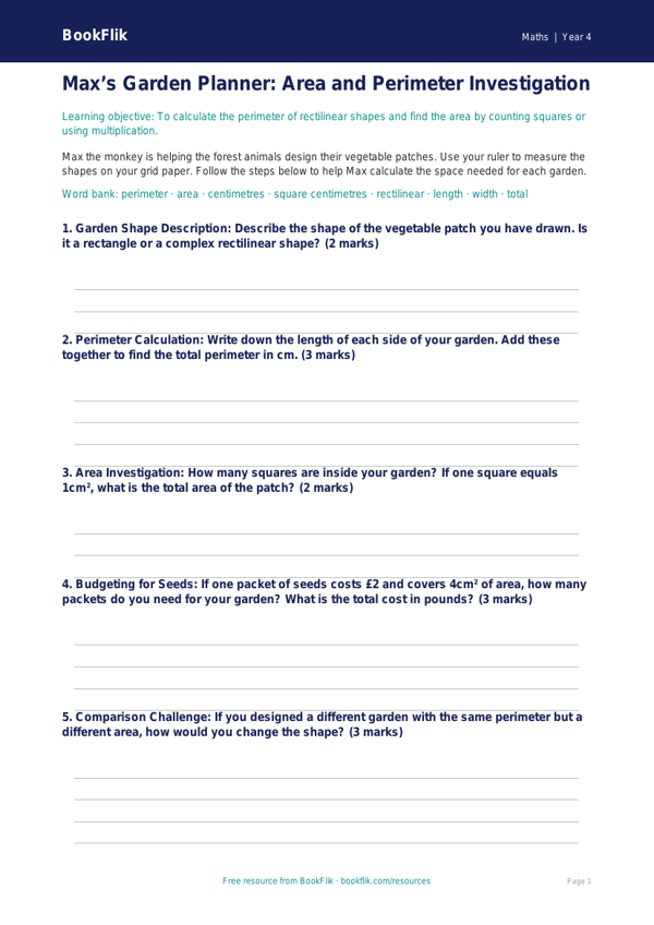 Free Area And Perimeter Template | Grade 3 | Math | BookFlik worksheet preview — Maths Area And Perimeter