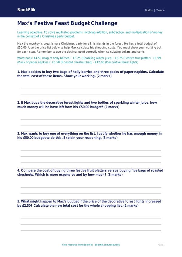 Free Christmas Maths Activity Sheet | Grade 3 | Math | BookFlik worksheet preview — Maths Christmas Maths