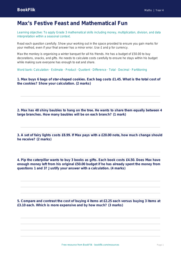 Free Christmas Maths Assessment | Grade 3 | Math | BookFlik worksheet preview — Maths Christmas Maths