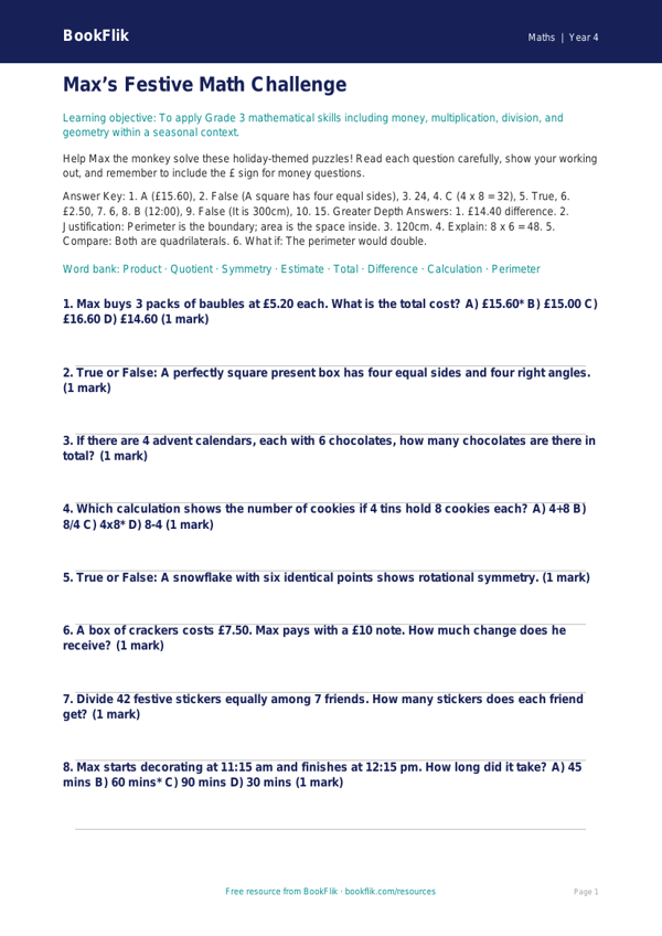 Free Christmas Maths Quiz | Grade 3 | Math | BookFlik worksheet preview — Maths Christmas Maths