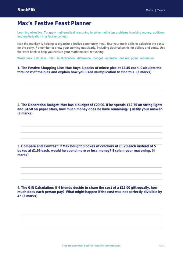 Free Christmas Maths Template | Grade 3 | Math | BookFlik worksheet preview — Maths Christmas Maths