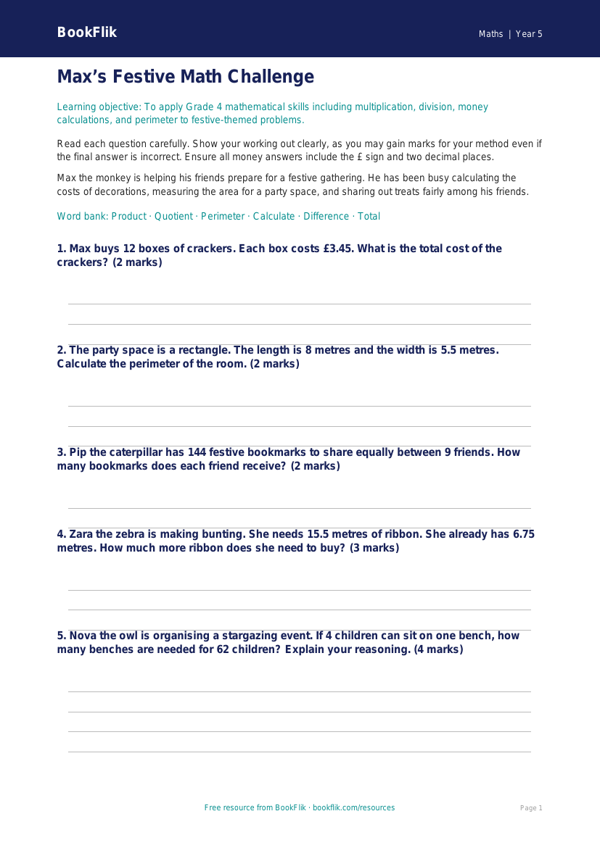 Free Christmas Maths Assessment | Grade 4 | Math | BookFlik worksheet preview — Maths Christmas Maths
