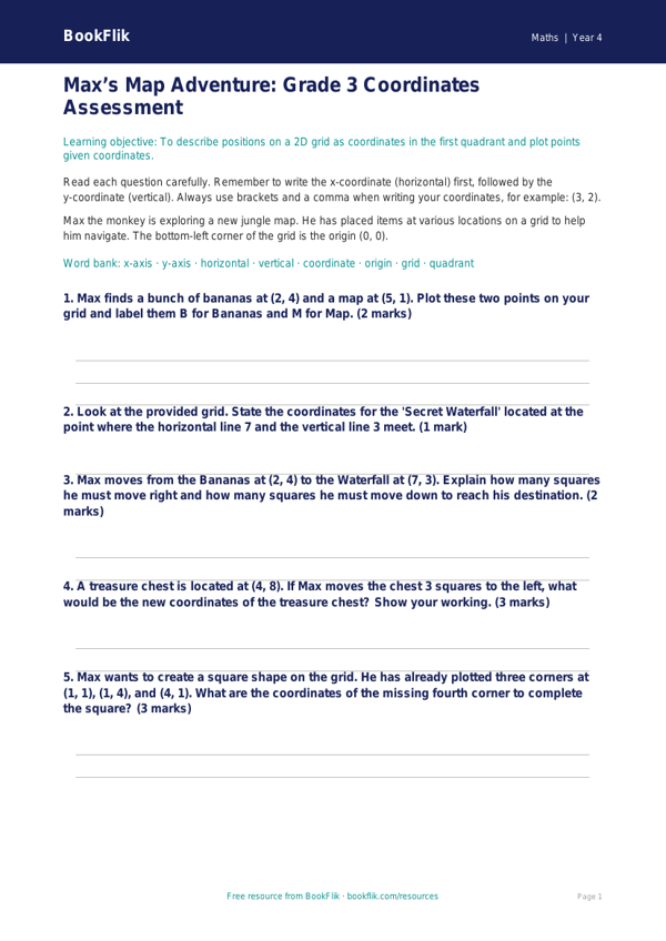 Free Coordinates Assessment | Grade 3 | Math | BookFlik worksheet preview — Maths Coordinates