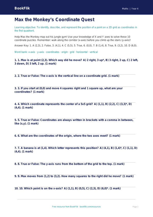 Free Coordinates Quiz | Grade 3 | Math | BookFlik worksheet preview — Maths Coordinates