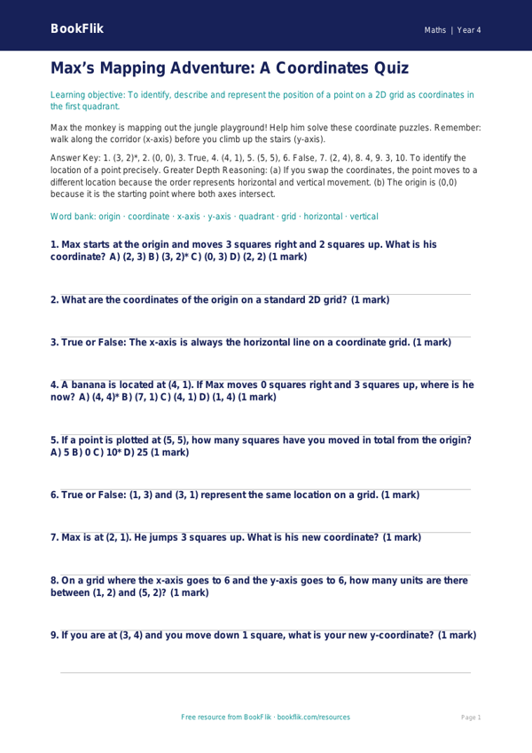 Free Coordinates Quiz | Grade 3 | Math | BookFlik worksheet preview — Maths Coordinates
