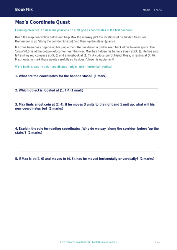 Free Coordinates Track Sheet | Grade 3 | Math | BookFlik worksheet preview — Maths Coordinates