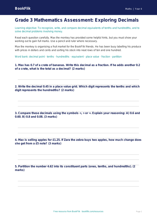 Free Decimals Assessment | Grade 3 | Math | BookFlik worksheet preview — Maths Decimals