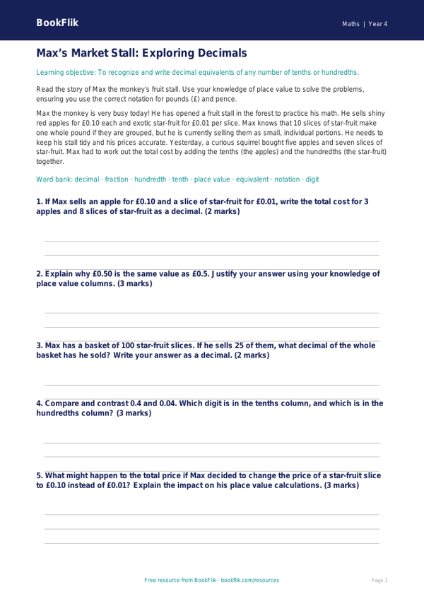 Math decimals track sheet grade 3 greater depth worksheet preview — Maths Decimals