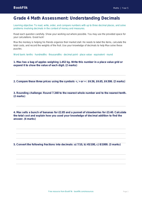 Free Decimals Assessment | Grade 4 | Math | BookFlik worksheet preview — Maths Decimals