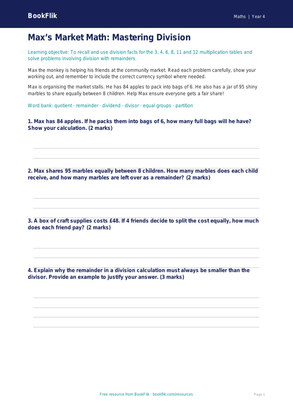 Advanced Division Worksheet | Grade 3 Math | BookFlik worksheet preview — Maths Division