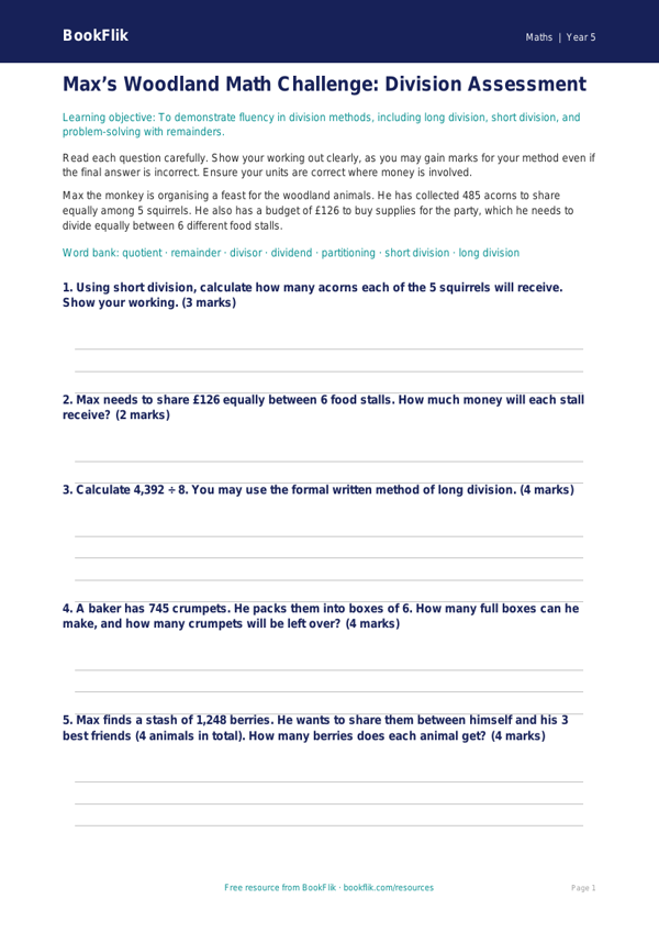 Free Division Assessment | Grade 4 | Math | BookFlik worksheet preview — Maths Division