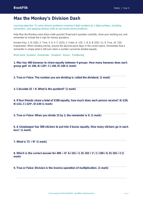 Free Division Quiz | Grade 4 | Math | BookFlik worksheet preview — Maths Division