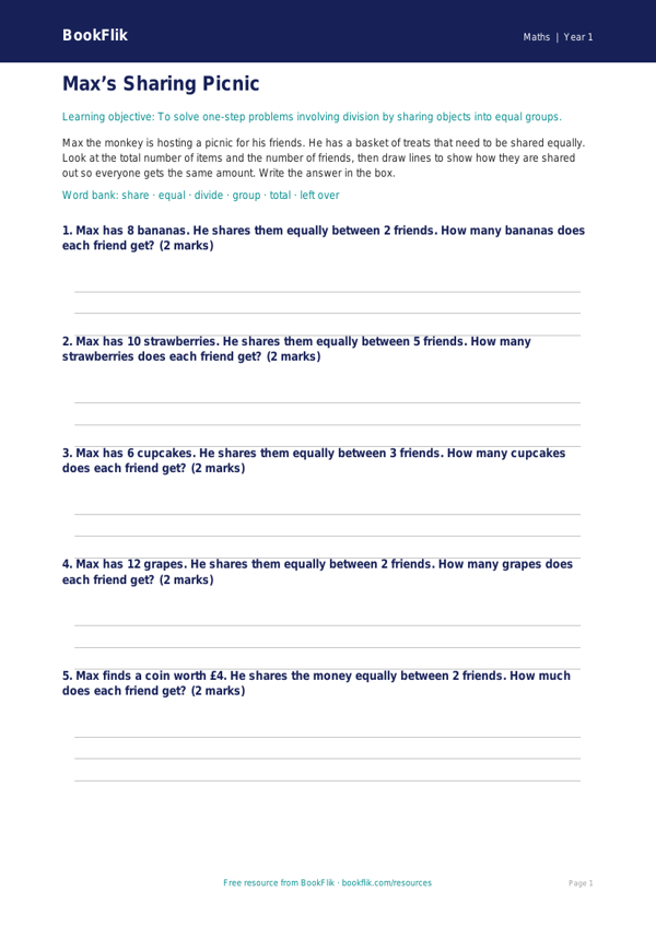 Free Division Activity Sheet | Kindergarten | Math | BookFlik worksheet preview — Maths Division