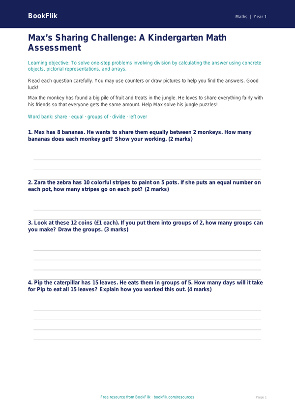 Free Division Assessment | Kindergarten | Math | BookFlik worksheet preview — Maths Division