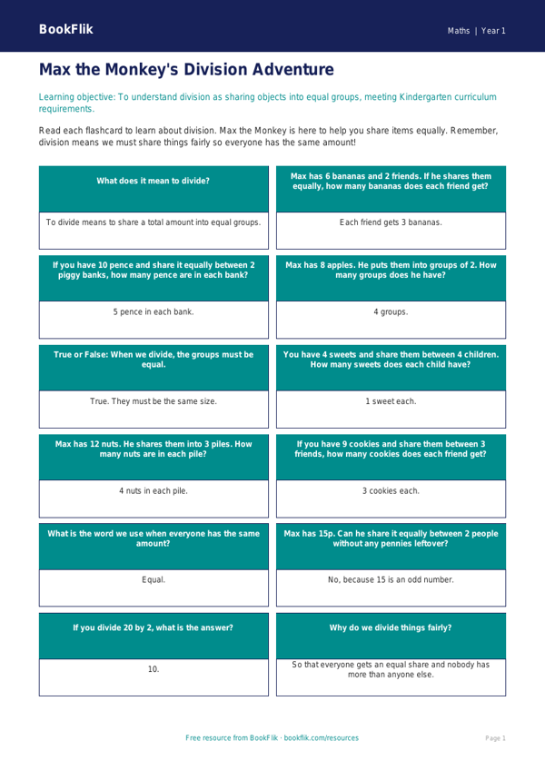 Free Division Flashcards | Kindergarten | Math | BookFlik worksheet preview — Maths Division
