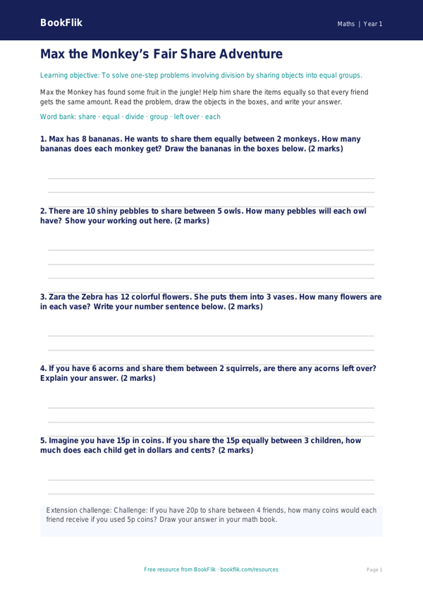 Free Division Template | Kindergarten | Math | BookFlik worksheet preview — Maths Division