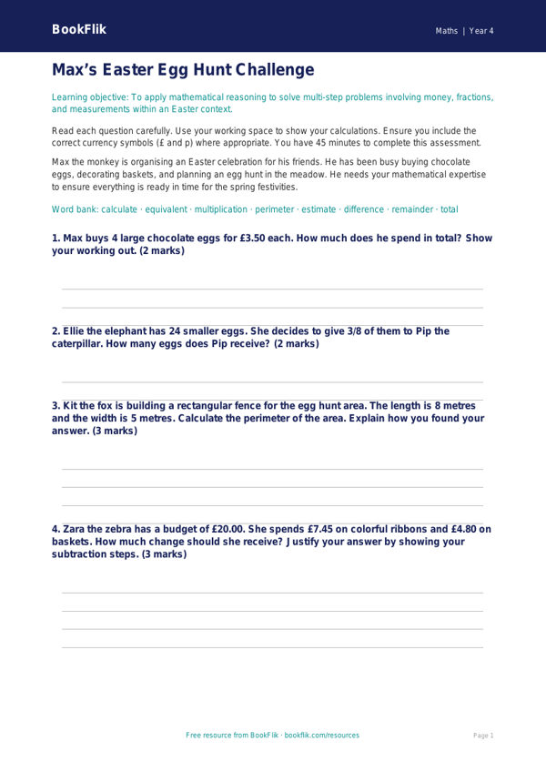 Math easter maths assessment grade 3 greater depth worksheet preview — Maths Easter Maths