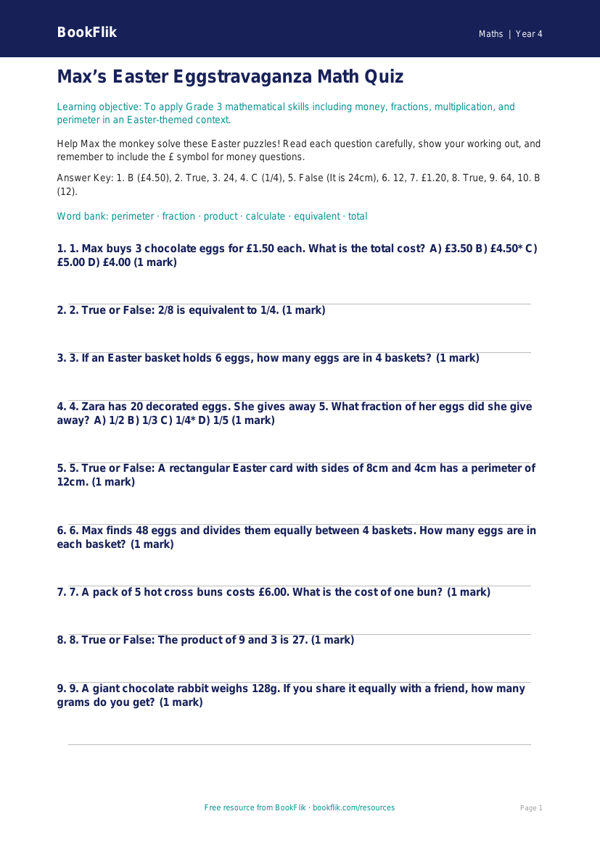 Free Easter Maths Quiz | Grade 3 | Math | BookFlik worksheet preview — Maths Easter Maths