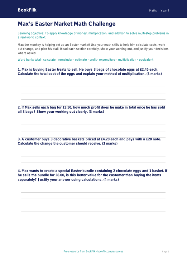 Free Easter Maths Template | Grade 3 | Math | BookFlik worksheet preview — Maths Easter Maths