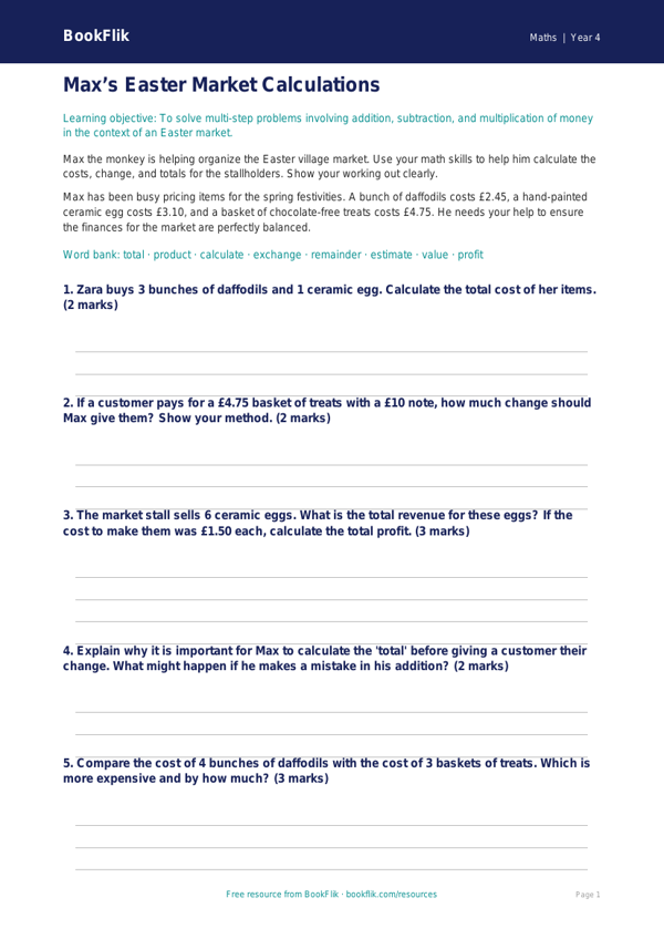Free Easter Maths Worksheet | Grade 3 | Math | BookFlik worksheet preview — Maths Easter Maths