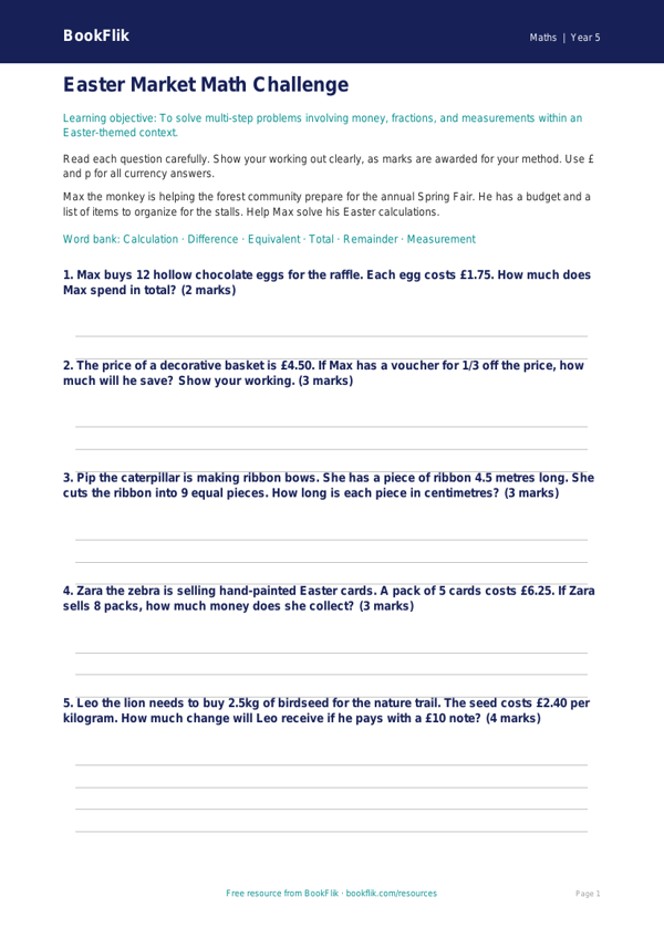 Free Easter Maths Assessment | Grade 4 | Math | BookFlik worksheet preview — Maths Easter Maths
