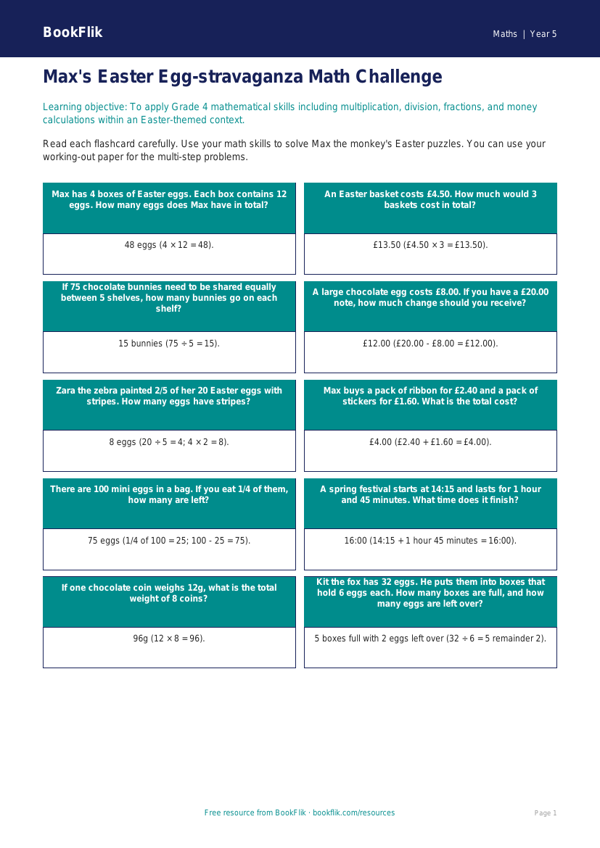 Free Easter Maths Flashcards | Grade 4 | Math | BookFlik worksheet preview — Maths Easter Maths