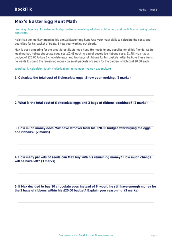 Free Easter Maths Track Sheet | Grade 4 | Math | BookFlik worksheet preview — Maths Easter Maths