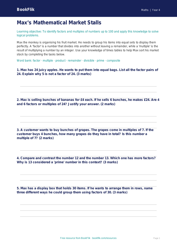 Free Factors And Multiples Activity Sheet | Grade 3 | Math | BookFlik worksheet preview — Maths Factors And Multiples