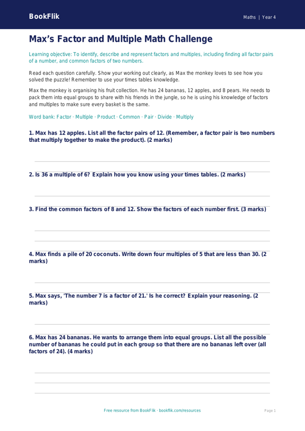 Free Factors And Multiples Assessment | Grade 3 | Math | BookFlik worksheet preview — Maths Factors And Multiples