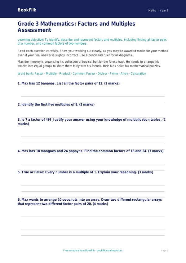Free Factors And Multiples Assessment | Grade 3 | Math | BookFlik worksheet preview — Maths Factors And Multiples
