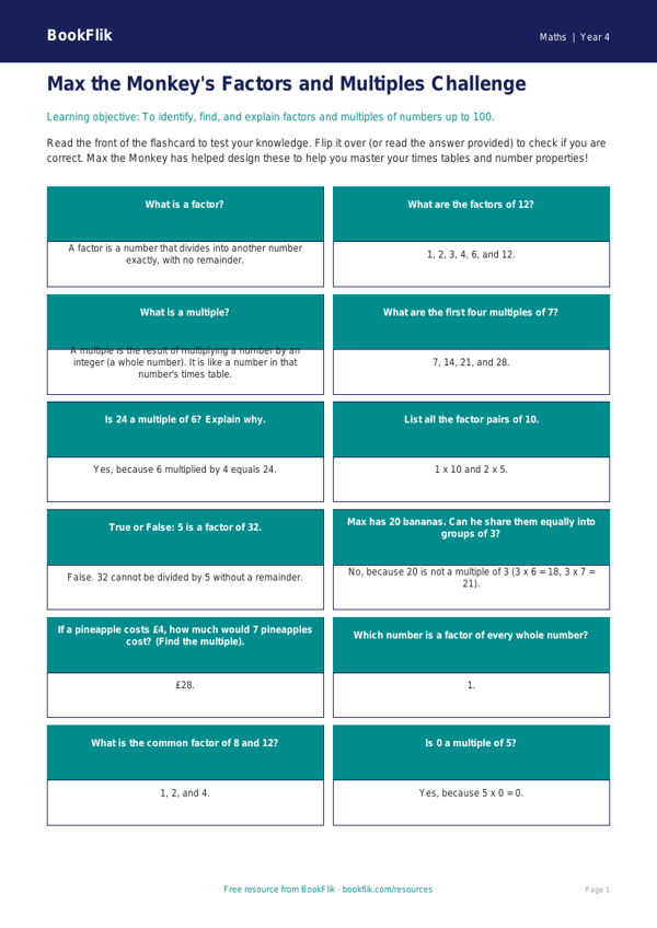 Free Factors And Multiples Flashcards | Grade 3 | Math | BookFlik worksheet preview — Maths Factors And Multiples
