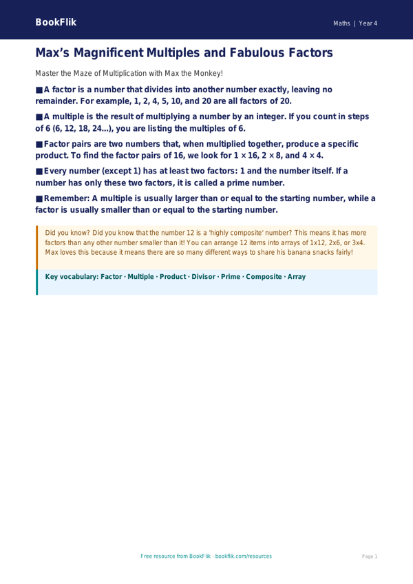 Free Factors And Multiples Poster | Grade 3 | Math | BookFlik worksheet preview — Maths Factors And Multiples