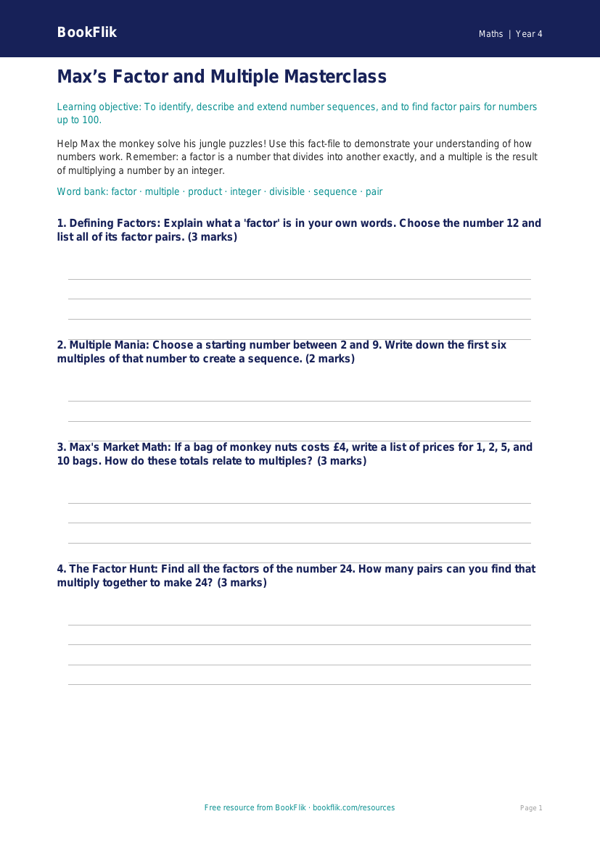 Free Factors And Multiples Template | Grade 3 | Math | BookFlik worksheet preview — Maths Factors And Multiples