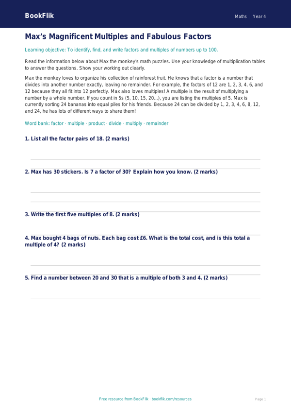 Free Factors And Multiples Track Sheet | Grade 3 | Math | BookFlik worksheet preview — Maths Factors And Multiples