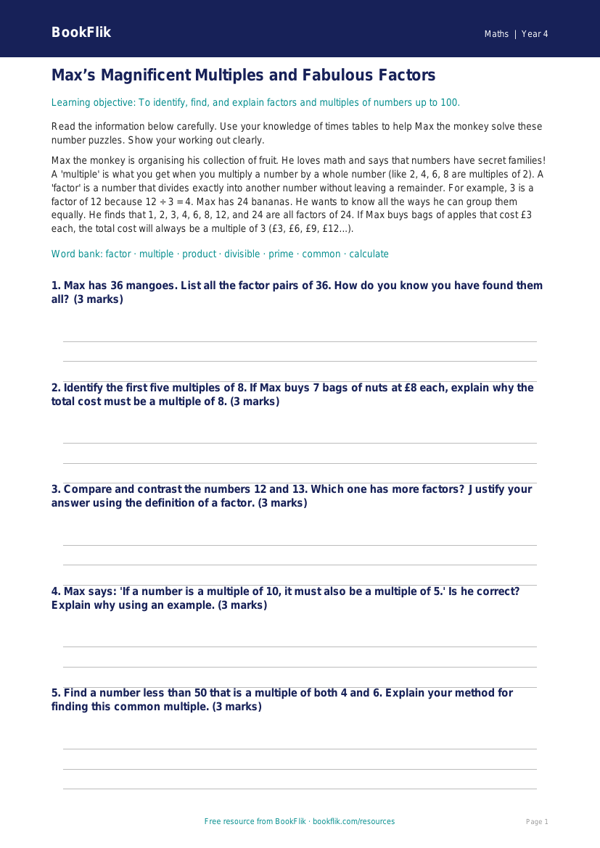 Free Factors And Multiples Track Sheet | Grade 3 | Math | BookFlik worksheet preview — Maths Factors And Multiples