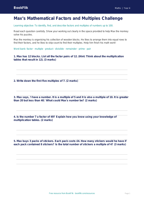 Free Factors And Multiples Worksheet | Grade 3 | Math | BookFlik worksheet preview — Maths Factors And Multiples