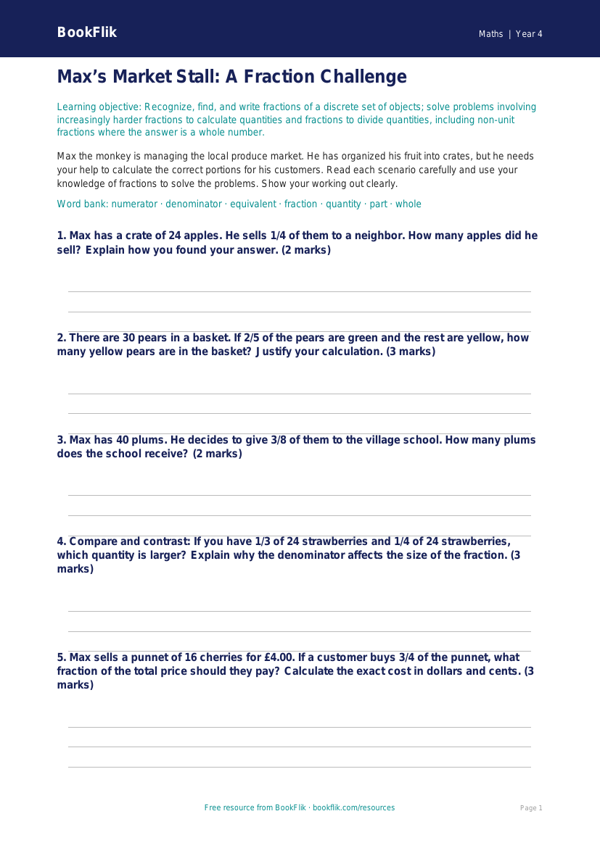 Free Fractions Activity Sheet | Grade 3 | Math | BookFlik worksheet preview — Maths Fractions