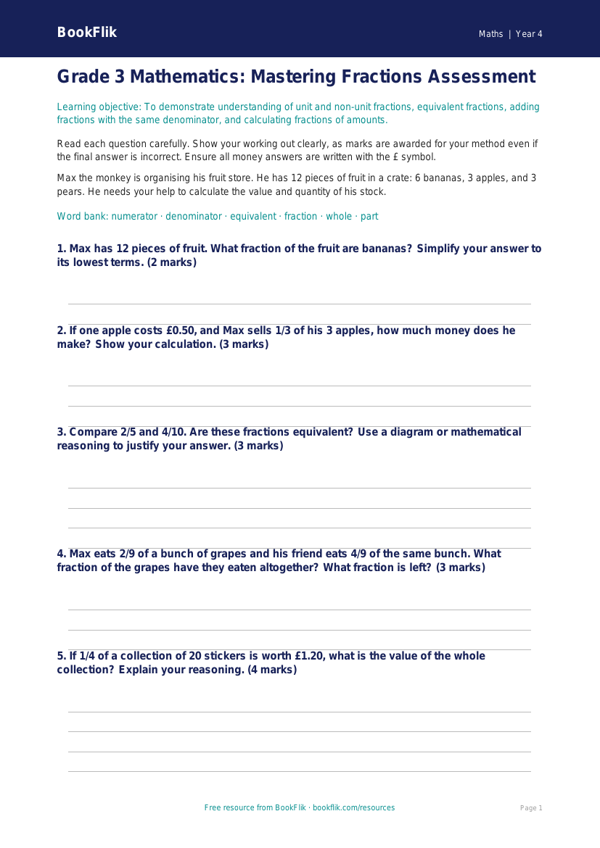 Free Fractions Assessment | Grade 3 | Math | BookFlik worksheet preview — Maths Fractions
