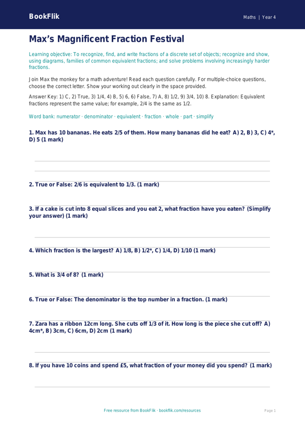 Advanced Fractions Quiz | Grade 3 Math | BookFlik worksheet preview — Maths Fractions