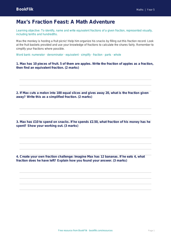 Free Fractions Template | Grade 4 | Math | BookFlik worksheet preview — Maths Fractions
