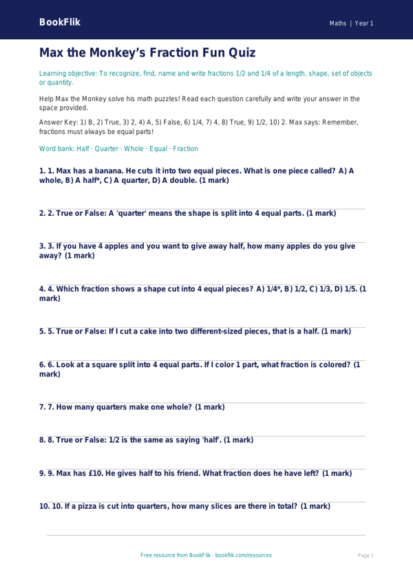 Free Fractions Quiz | Kindergarten Math | BookFlik worksheet preview — Maths Fractions