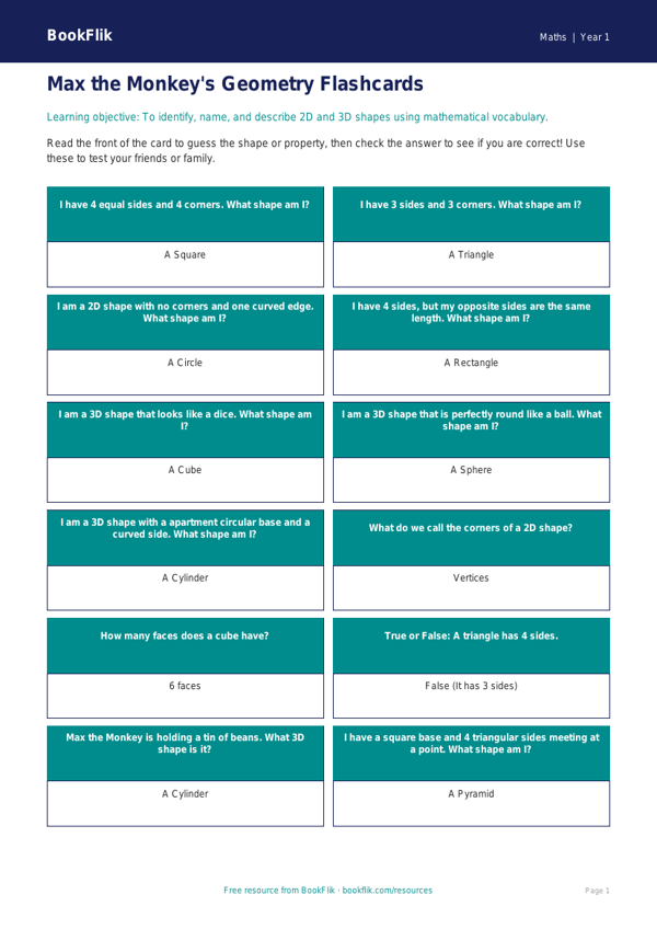 Free Geometry Flashcards | Kindergarten | Math | BookFlik worksheet preview — Maths Geometry
