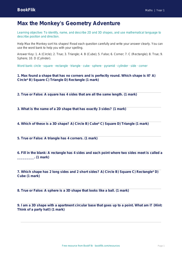 Free Geometry Quiz | Kindergarten | Math | BookFlik worksheet preview — Maths Geometry